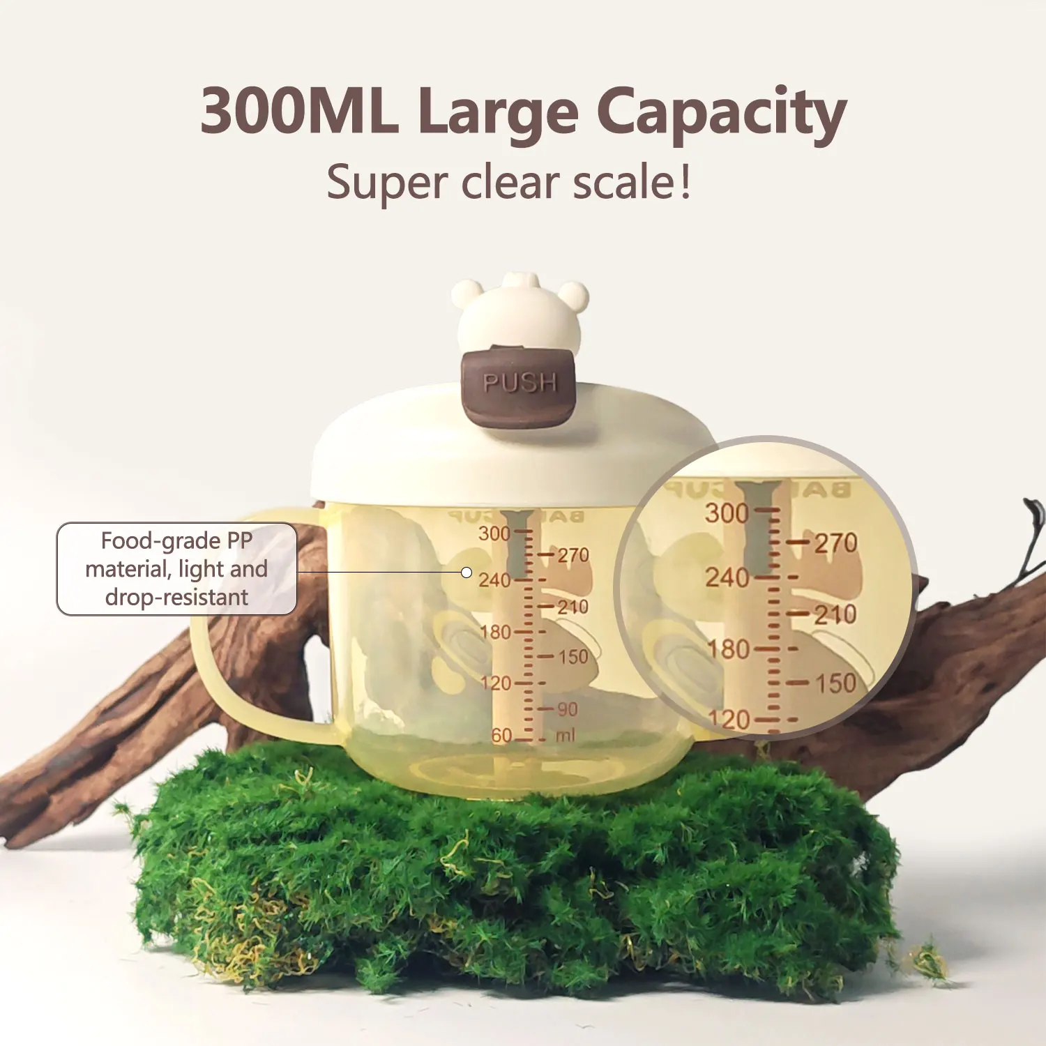 300ML baby panda milk cup, large-capacity breakfast cup, water food-grade PP material, anti-fall, clear scale