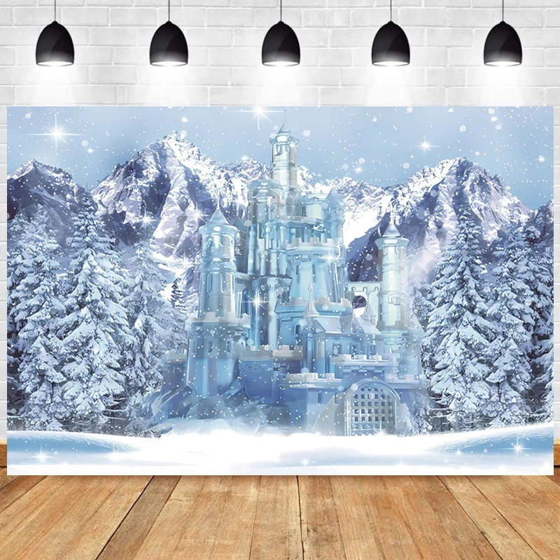

Winter Castle Photography Backdrop Blue Crystal Castle Themed Party Banner Snow Wonderland Photo Background Kids Birthday Decor