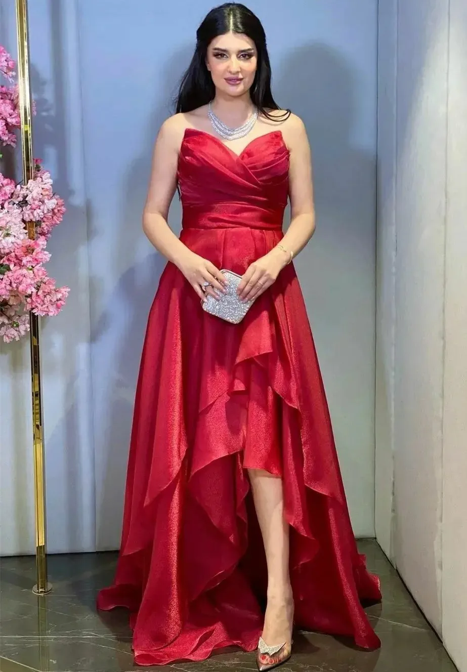 

Elegant Long Organza V-Neck Evening Dress With Ruffles فساتين السهرة Hi-Lo Red Asymmetrical Prom Dress Robe de soirée for Women