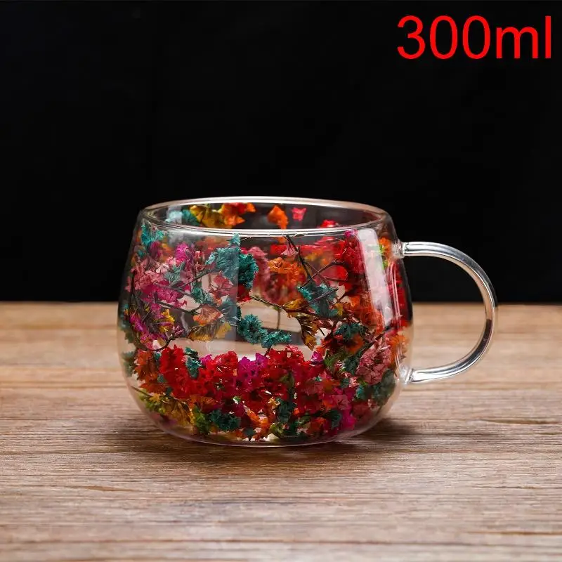Elegant Double-Layer Glass Cup with Dried Flower Embellishment, Heat-Resistant