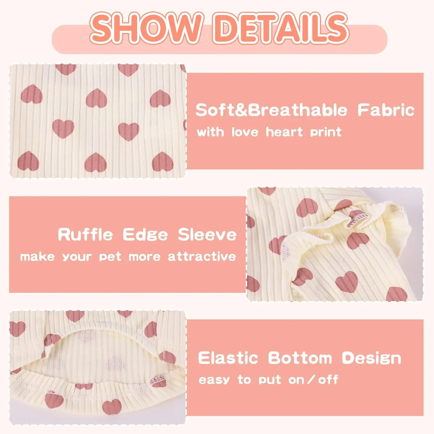 Nahaufnahme des Punkt- und Herzmusters auf dem Hundeoutfit.