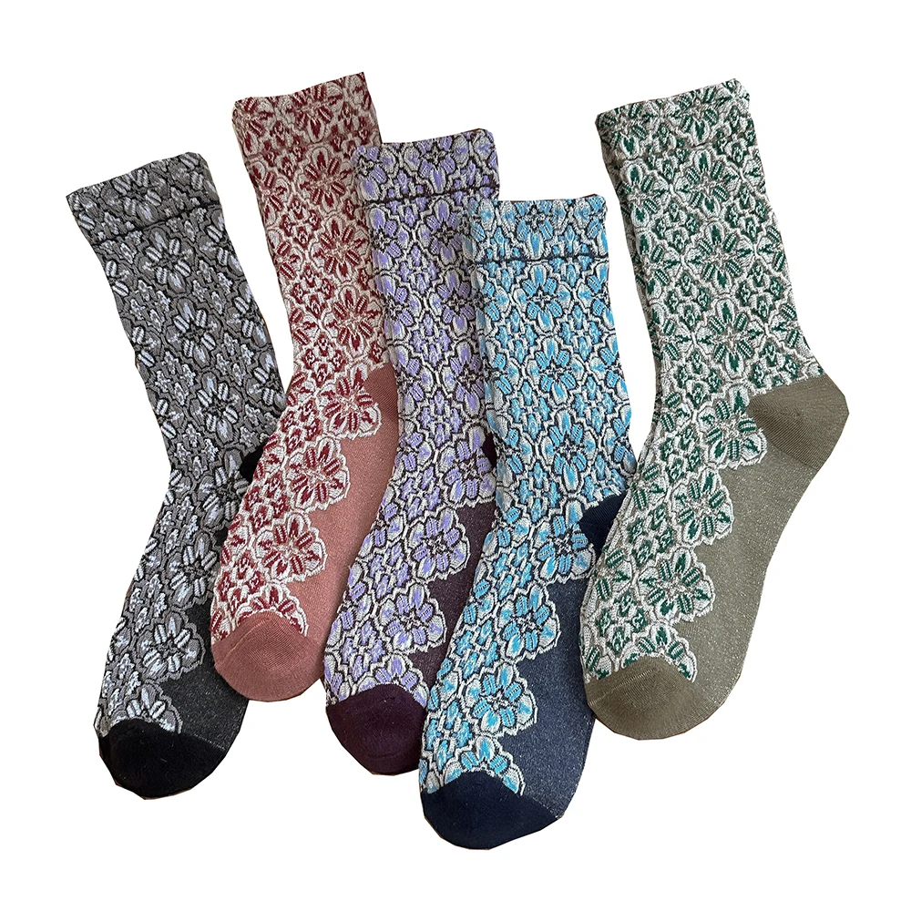 5 Pair Fashion New Floor Socks For Women Cotton Kawaii Flower Print Autumn Winter Long Comfortable Cute Socks Set Designer Socke