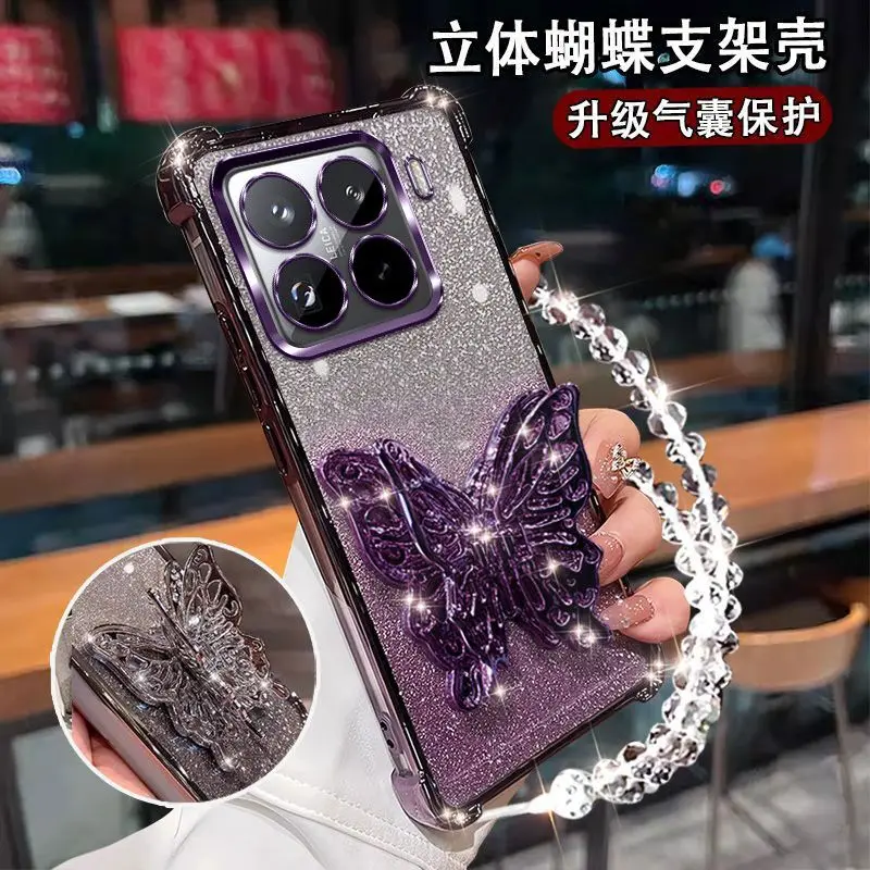 Gradient Glitter Butterfly Holder Phone Case with Strap and Electroplated Finish