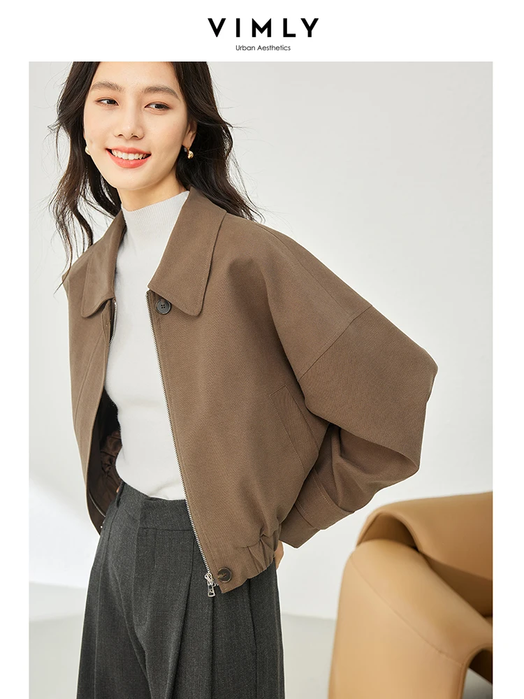 Vimly Vintage Short Autumn Coffee Jacket for Women 2023 Full Zipper Long Sleeve Lapel Elastic Hem Fall Outerwear Clothes 16006
