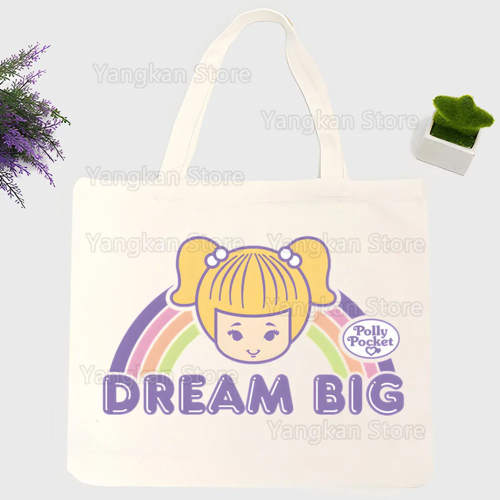 Borsa a tracolla in tela con cartoni animati Polly Pocket Donna Harajuku Divertente borsa shopper ecologica di grande capacità Bolsas De Tela - immagine 5