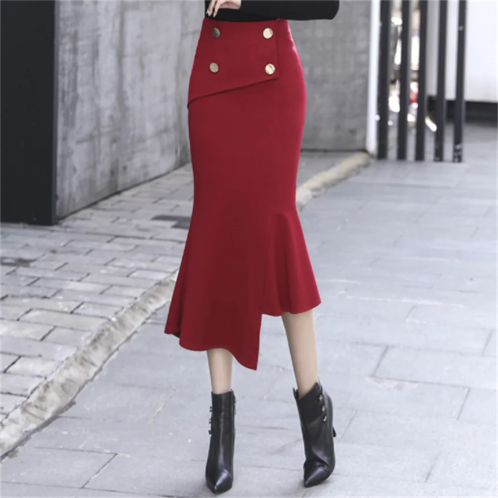 

Irregular fishtail skirt half skirt red spring new high waist ol long spot large lotus leaf skirt woemn