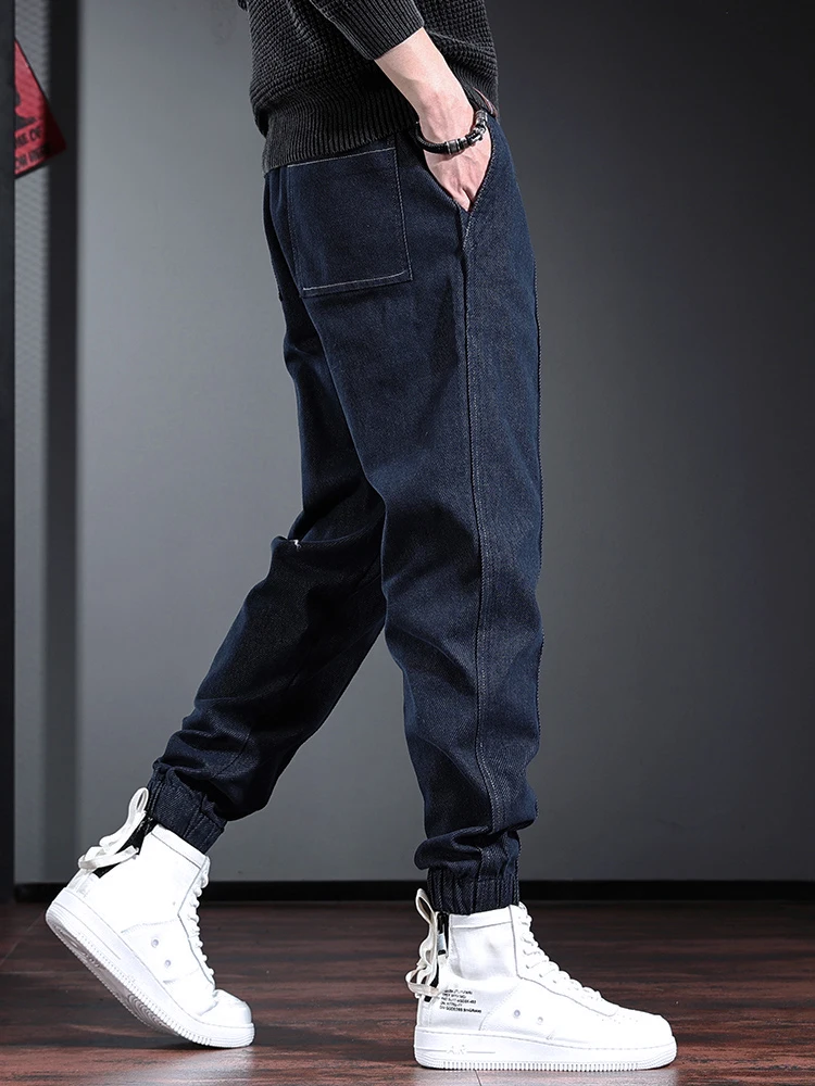 Autumn Blue Baggy Jeans Men Casual Elastic Waist Pencil Pants Streetwear Loose Drawstring Jogging Solid Denim Trousers