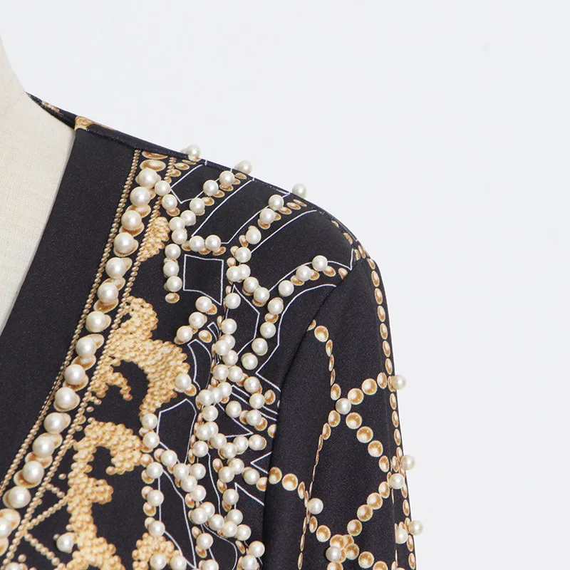 Fashionable Blazers Retro Printed Women's 2024 Spring New V-neck Long-Sleeved Thickened Mid-Length Suit Coat Women's Clothes