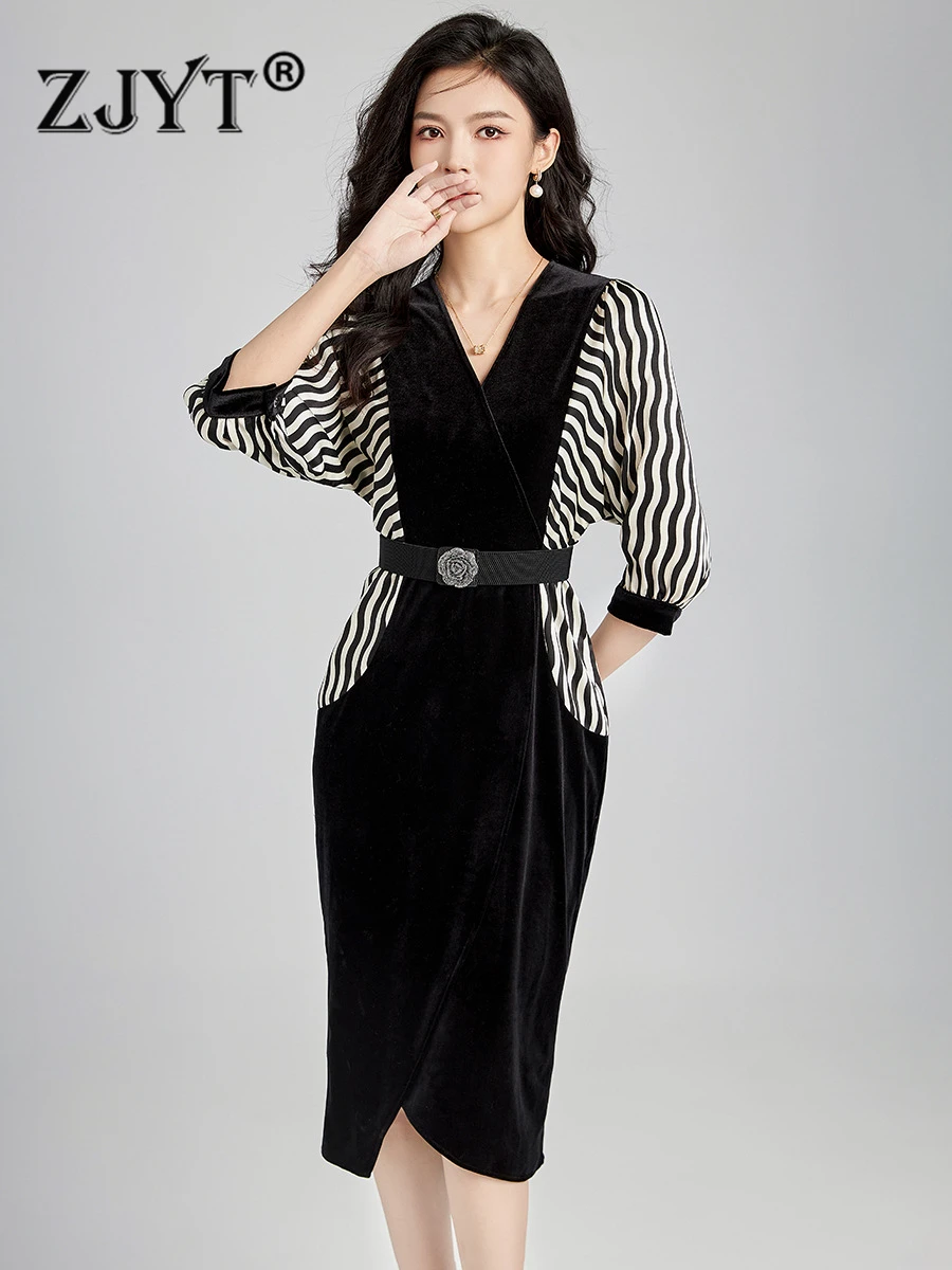 

ZJYT Designer Autumn Striped Patchwork Velvet Dresses for Women 2023 Elegant Vintage Black Vestidos Party Casual Midi Robe Femme