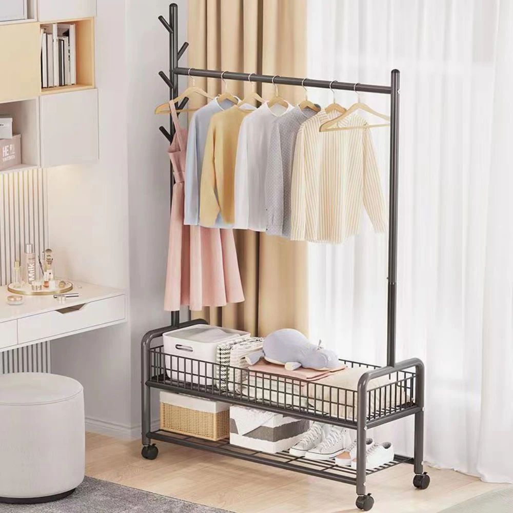 Movable Clothes Rack Floor Hanger Stainless Living Room Bedroom Furniture Coat Hat Rack Hooks Stand Storage Wardrobe Storage Box