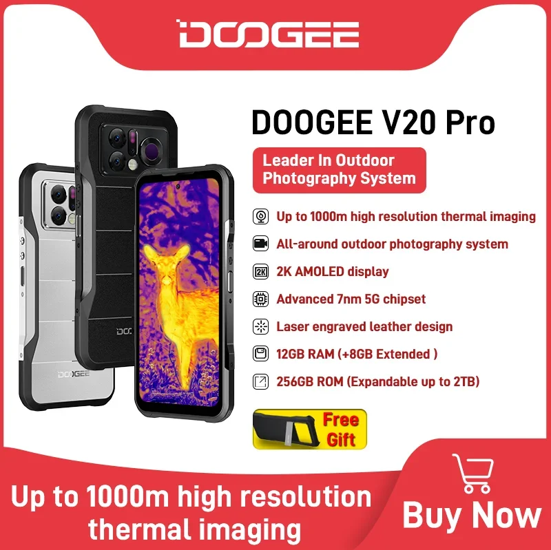 World Premiere DOOGEE V20 Pro Rugged Phone 12GB+256GB 6.43”2K AMOLED Display 1440*1080 7nm 5G Phone Thermal Imaging Cellphone