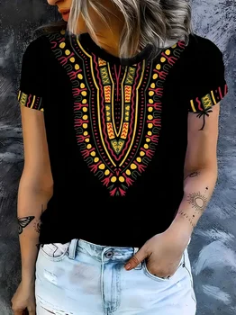 Women African Tribal Dashiki Print T-Shirt Black Ethnic Style Short Sleeve Casual Summer Tee Boho T Shirts Summer Daily Top