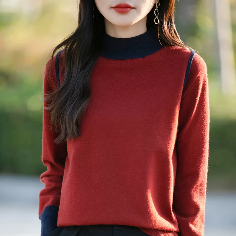 Autumn Winter Women Fine Wool Sweater Mock Collar Color Blocking Splicing Pullover Knitwear Thickening Clothing Bottoming Tops 6