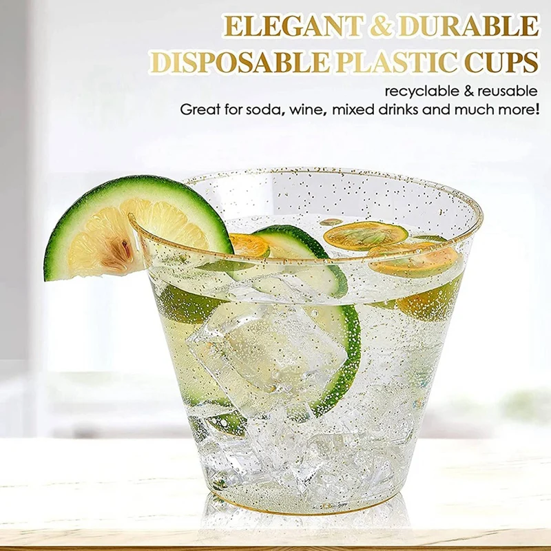 Gold Plastic Cups Clear Plastic Wine Glasses Fancy Disposable Hard Cups With Gold Glitter For Party 100Pcs