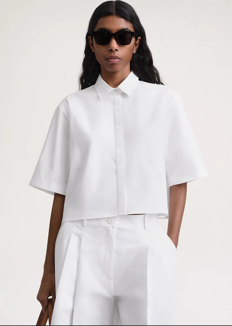 

T0teme Autumn/Spring Women Tops Shirt Cotton Short Sleeve Turndown Collar Short Length Casual Vintage High Street Solid Colour