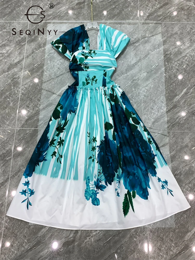 

SEQINYY Casual Midi Dress Summer Spring New Fashion Design Women Runway V-Neck High Street Vintage Blue Flower Print Draped