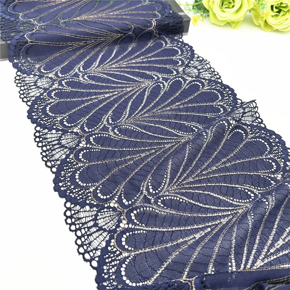 3y/lot Width 23cm Dark Blue Gold Shimmer Elastic Stretch Lace Trim 5