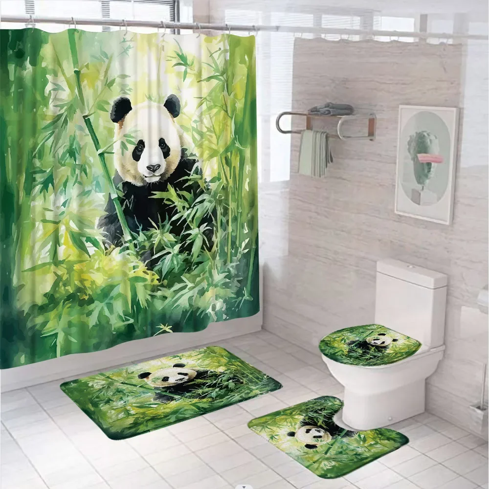 4Pc Watercolor Green Bamboo Shower Curtain Set Cute Panda Funny Wildlife Plant Animal Bathroom Curtain Bath Mat Rug Toilet Cover
