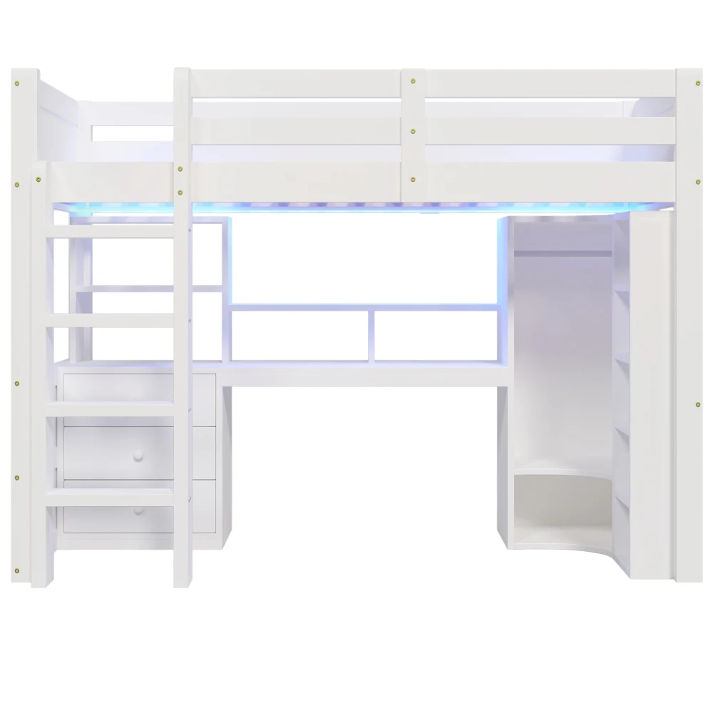 90 x 200 cm/140 x 200 cm hohes Etagenbett, mit LED-Leuchten und Kleiderschrank, Bett mit Schreibtisch und Schubladen, Aufbewahrungsfach, keine Matratze – Detail 14