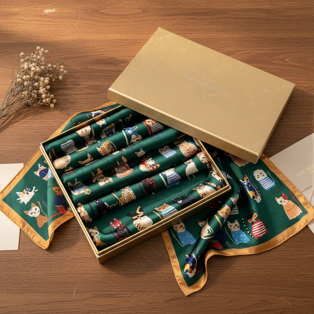 100% Mulberry Silk Square Scarf Cartoon Cat Print Cute Colorful Cat Pattern Luxury Silk Neck/Head Wrap Perfect Gift for CatLover