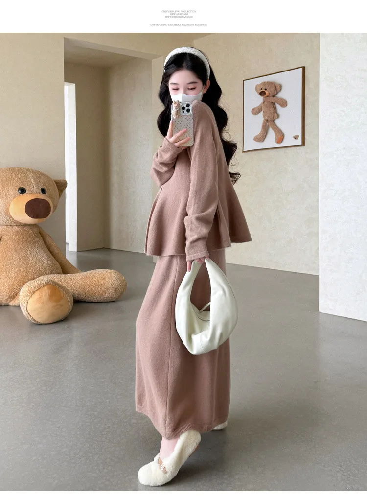 출산복 가을 겨울 빈티지 우아하고 부드러운 루즈핏 편안한 스웨터와 미디 스커트 투피스 세트 (임산부용)