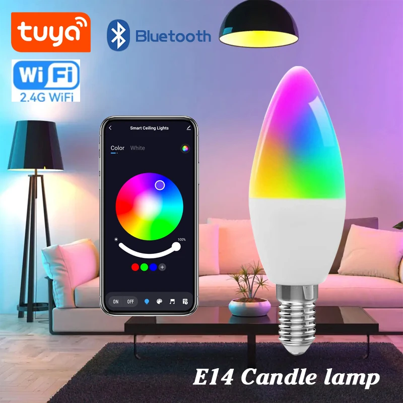 Tuya Smart Life GU10 E14 WiFi Bluetooth Candelabra Smart Bulbs 5W RGB + CW LED Lamp 220V Dimmable Lamps Alexa Google