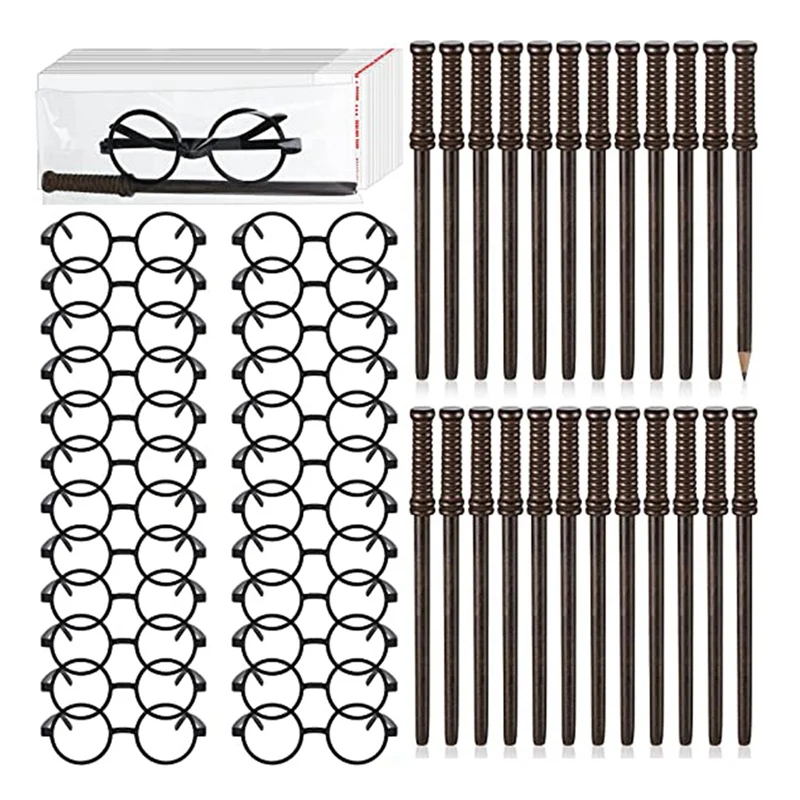 72Pcs Wand Pencils And Glasses Wizard Halloween Party Favors,24 Wizard Wand Pencils And 24 Glasses Frame With 24 Bags