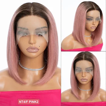Pink Straight Wig Colored Straight Bob Human Hair Lace Wig For Women Brazilian Remy Hair Middle Part Lace T Part Lace Wigs