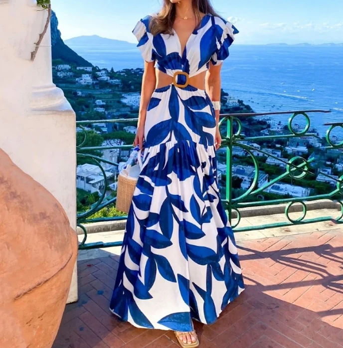 

Women's Casual Dress 2024 Spring/summer Latest V-Shaped Collar Short Sleeved High Waist Leaky Waist Zipper Print A-Line Skirt