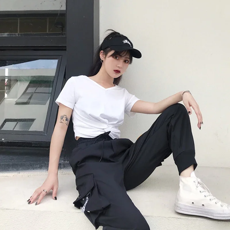 Streetwear Cargo Pants Women Harajuku High Waist Elastic Loose Baggy Pants Female Black Trousers
