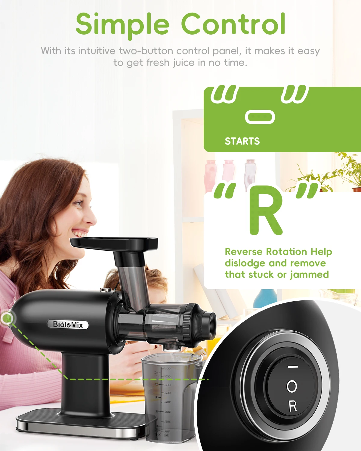 BioloMix Cold Press Juicer,Slow Masticating Juicer Machines with Reverse Function,High Juice Yield, Easy to Clean Brush & Quiet 3