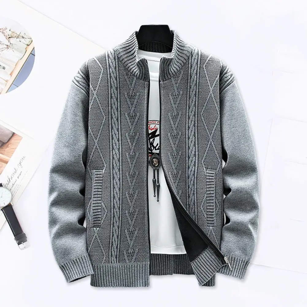

Solid Color Cardigan Coat Stylish Men's Knitted Cardigan Coat Warm Zip-up Pockets for Fall Winter Fashion Loose Winter Coat