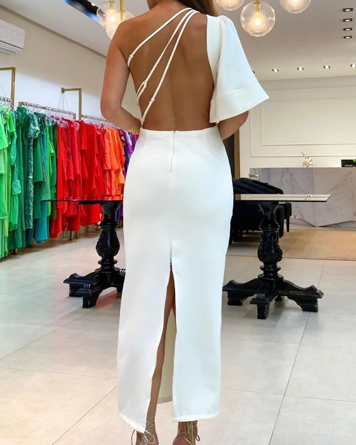 

Sexy Dresses for Women 2024 Spring One Shoulder Flare Sleeve Ruffles Slit Backless Solid Color Slim Fit Maxi Dress Party Evening
