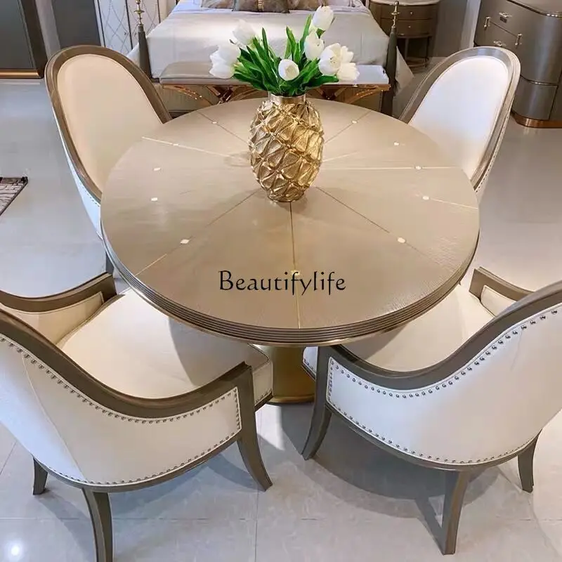 

American Light Luxury Solid Wood Retro round Dining Table Shell Inlaid Dining Table