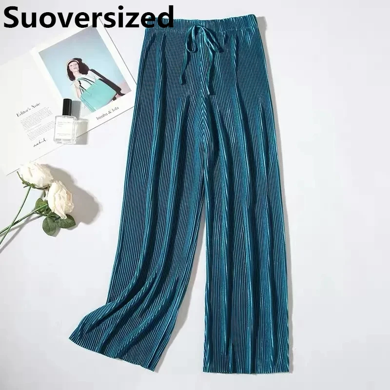 

Summer Thin Ice Silk Ankle-length Wide Leg Pants Oversized 4xl Women's Pantalones High Waist Casual Spodnie Straight Trousers
