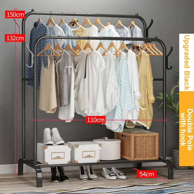 Garment Rack Free-standing Clothes Rack with Top Rod,Coat Rack Clothes, Hanger Wardrobe ,Clothes for Rack Lower Storage B-2 pole-hook -110cm