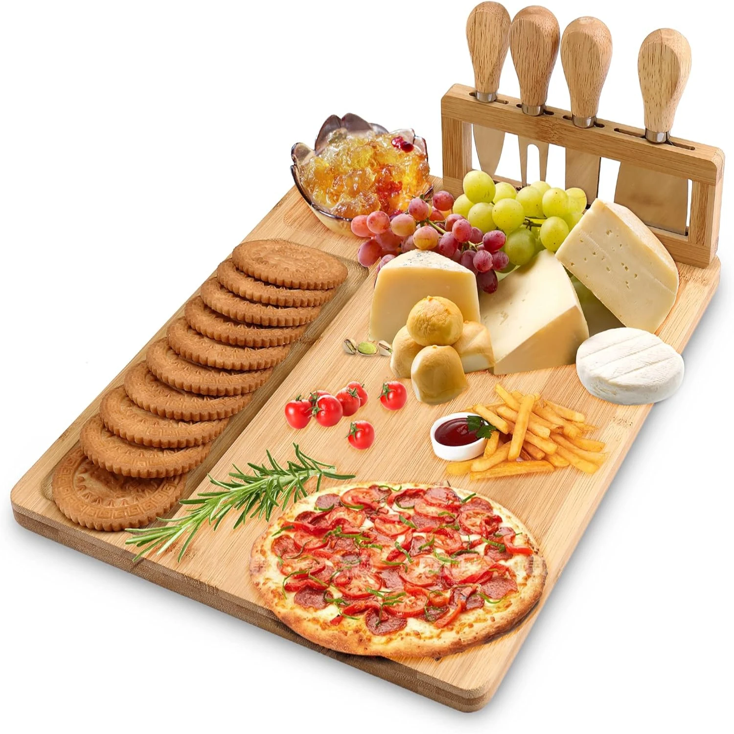 TWGDH Bamboo Cheese Board Set Including 4 Stainless Cutlery Set, Charcuterie Board And Serving Tray For Entertaining Or Gift (Re