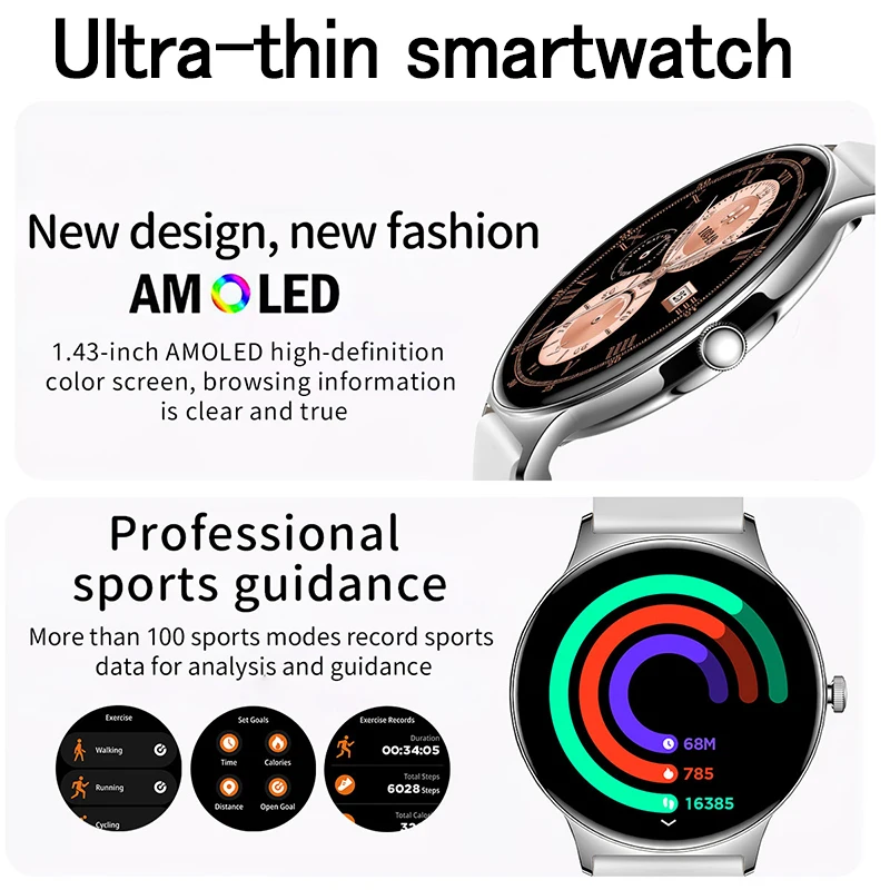 Ultra Thin SmartWatch 1.43" AMOLED Display HD 466*466 Always Show Time Call Reminder for Women Men New Original Smartwatch gift