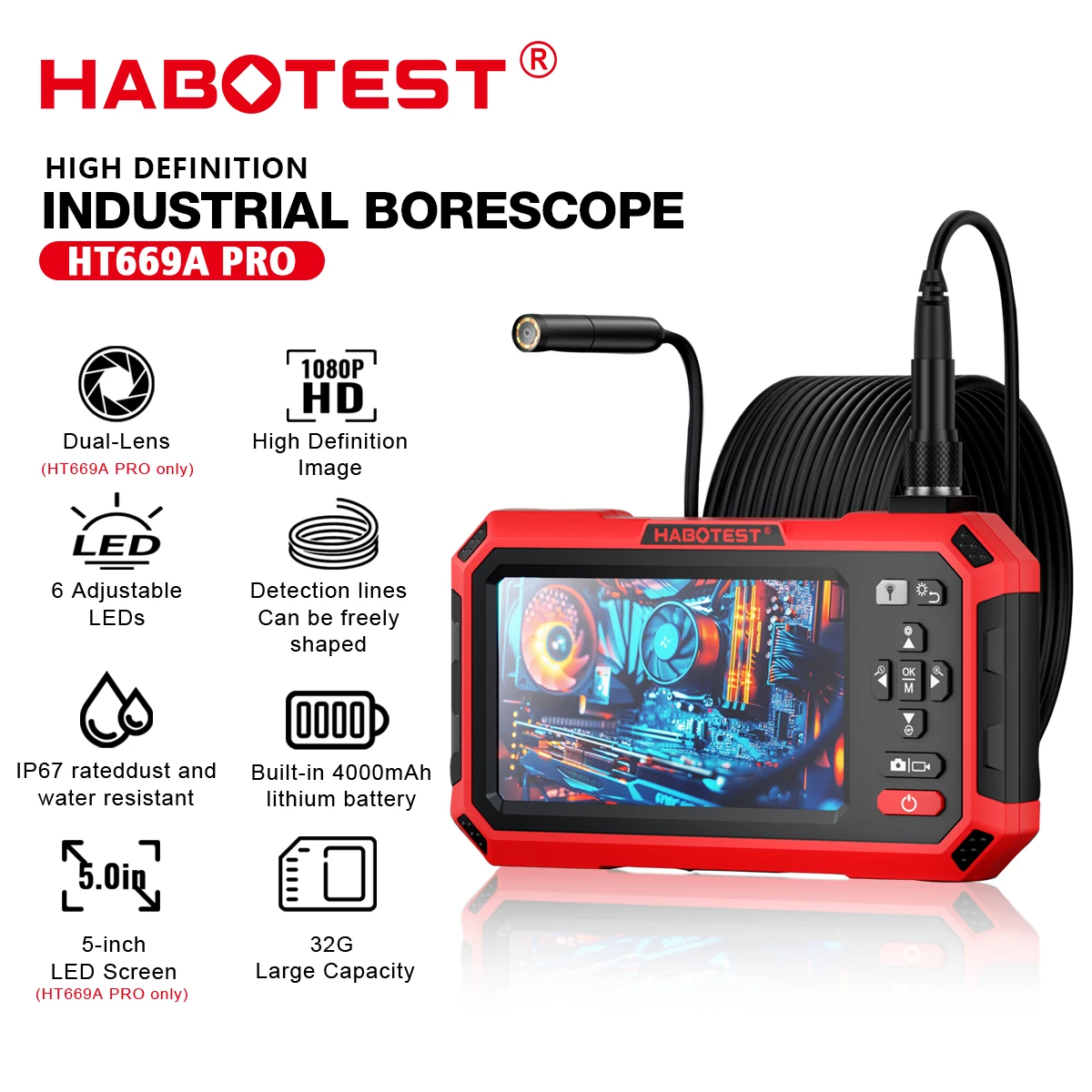 HABOTEST HT669A PRO 5-inch dual-lens endoscope 7MM Automotive Mechanical Sewer Pipe Inspection Camera Video Industrial Endoscope,inspection camera,mini endoscope camera