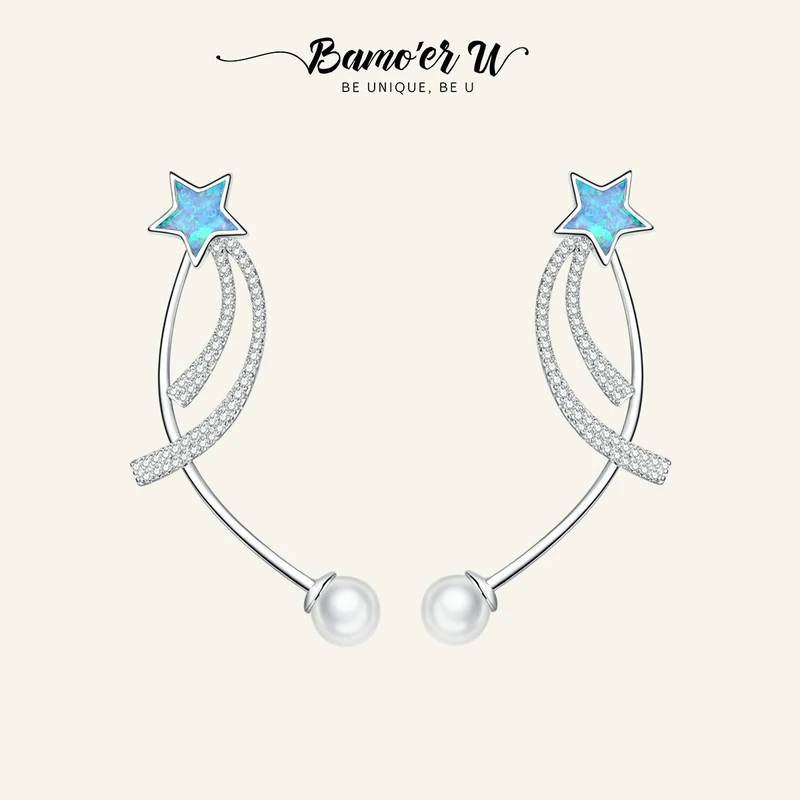 

BAMOER U 925 Sterling Silver Opal Star Stud Earrings For Women European Creative Stud Buckles Wedding Party Jewelry Gift