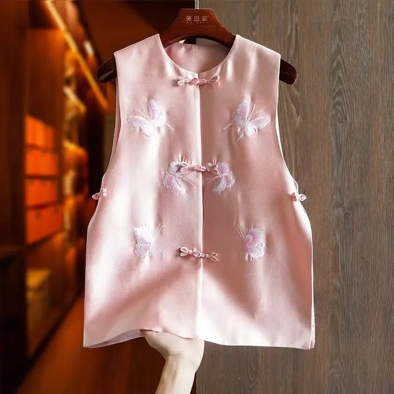 Chinese Vintage Style Top Women Tang Clothes Embroidery Butterfly Qipao Lady Mandarin Collar Vest Modern Cheongsam Top