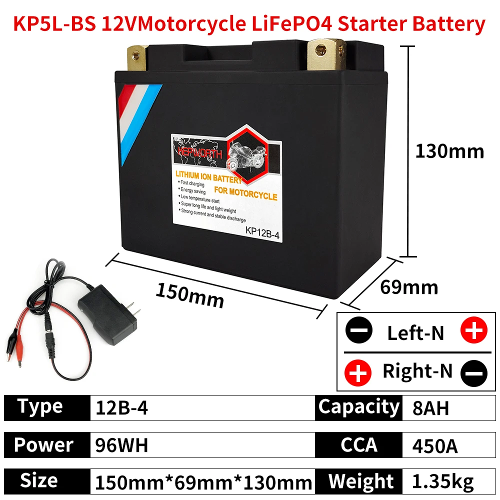 Batteria Kp12B-4 Di Inizio Del Motorino Del Litio Di Cca 450A 12V 8Ah Della Batteria Lifepo4 Del Motociclo Per Ut12B-4 Yt12B Di Yt12B-Bs Di Atvs Utvs 