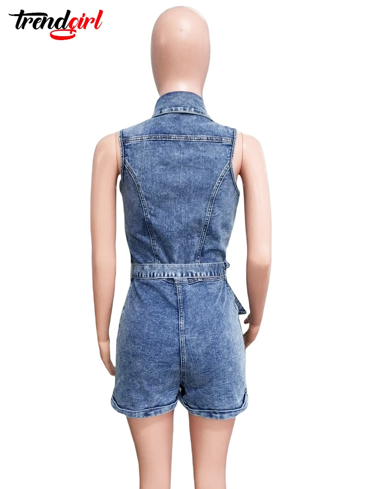 Trendgirl Sleeveless Button Jean Rompers Playsuits with Sashes Women Blue Stretch Denim Short Jumpsuit Birthday Club One Pieces