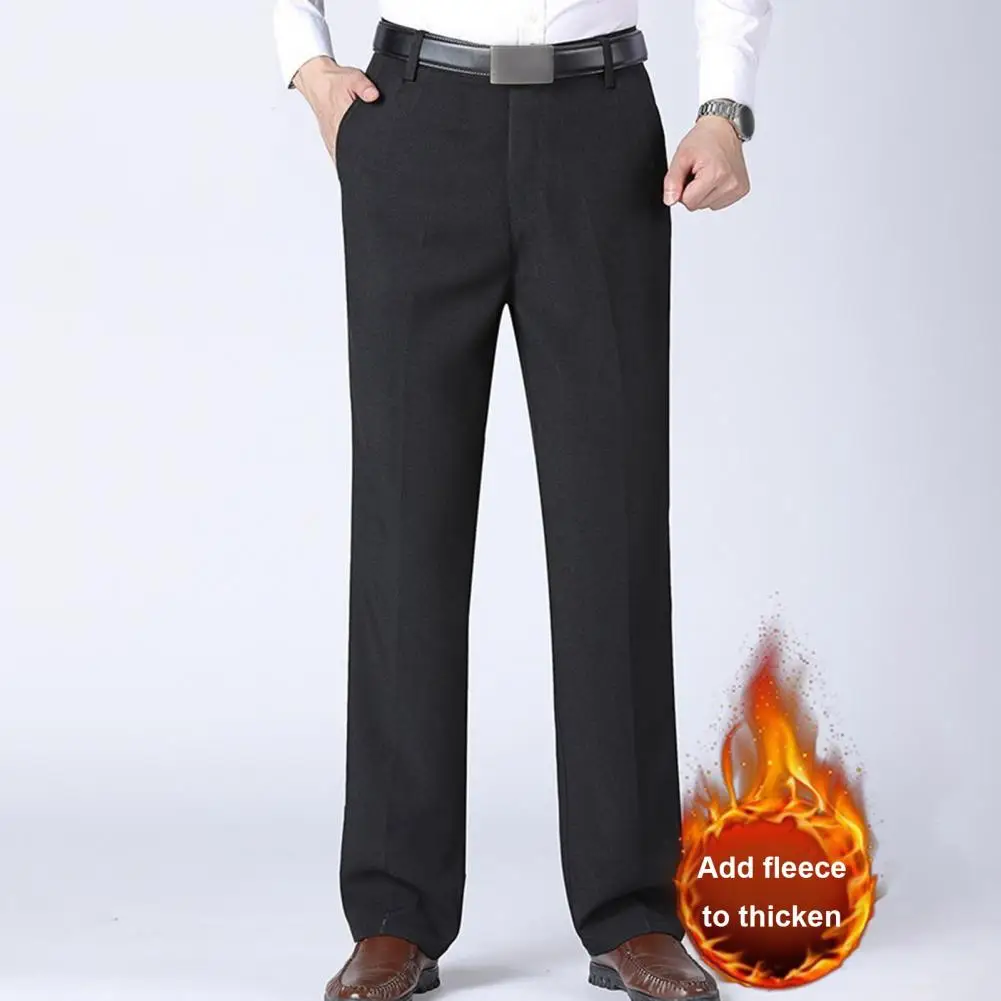 

Men Suit Trousers Men Straight-leg Pants Thick Plush Men's Suit Pants with Soft Pockets Mid Waist Zipper for Office for Father