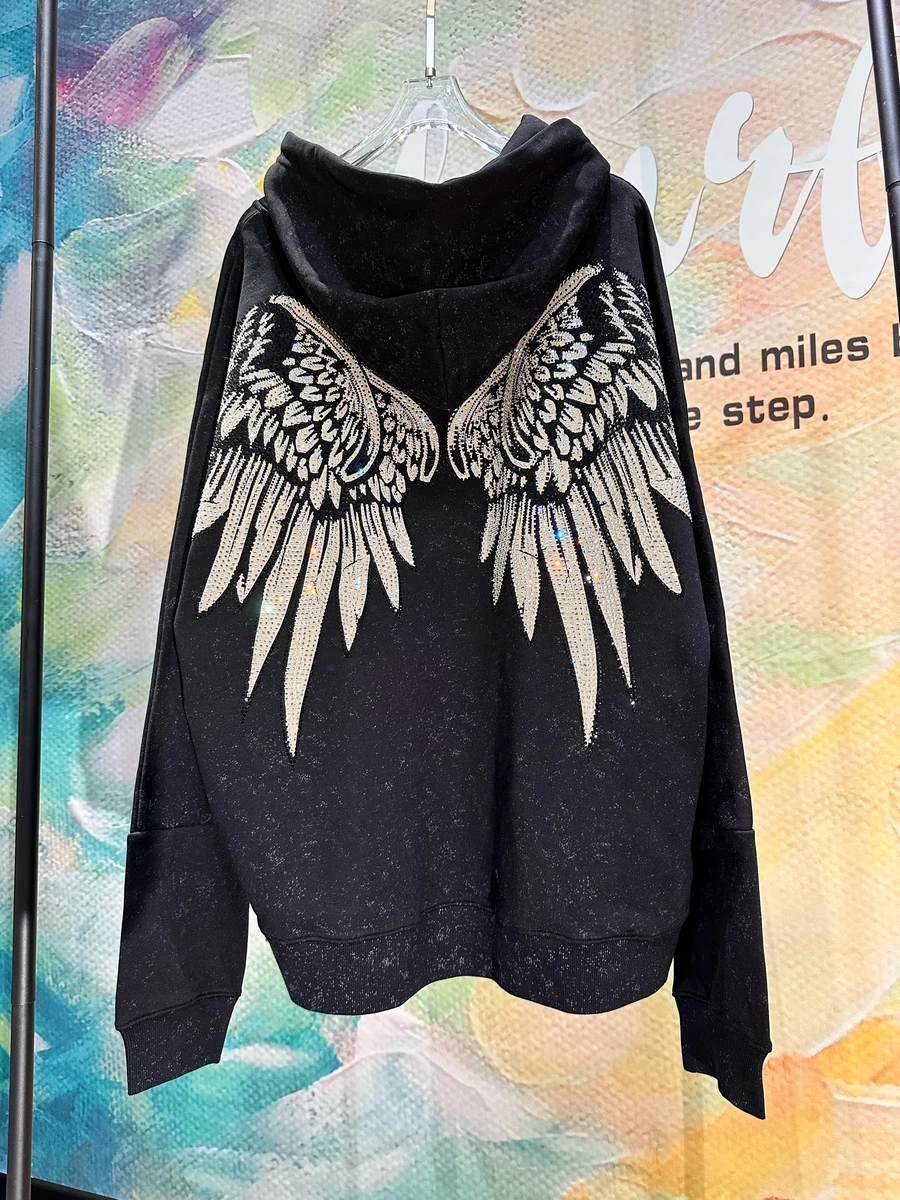 Trendy Hooded Hot Drilling Sweatshirt 2024 Dark Black Oversize Streetwear Women Wings Front and Rear Big Wings Diamounds Hoodies