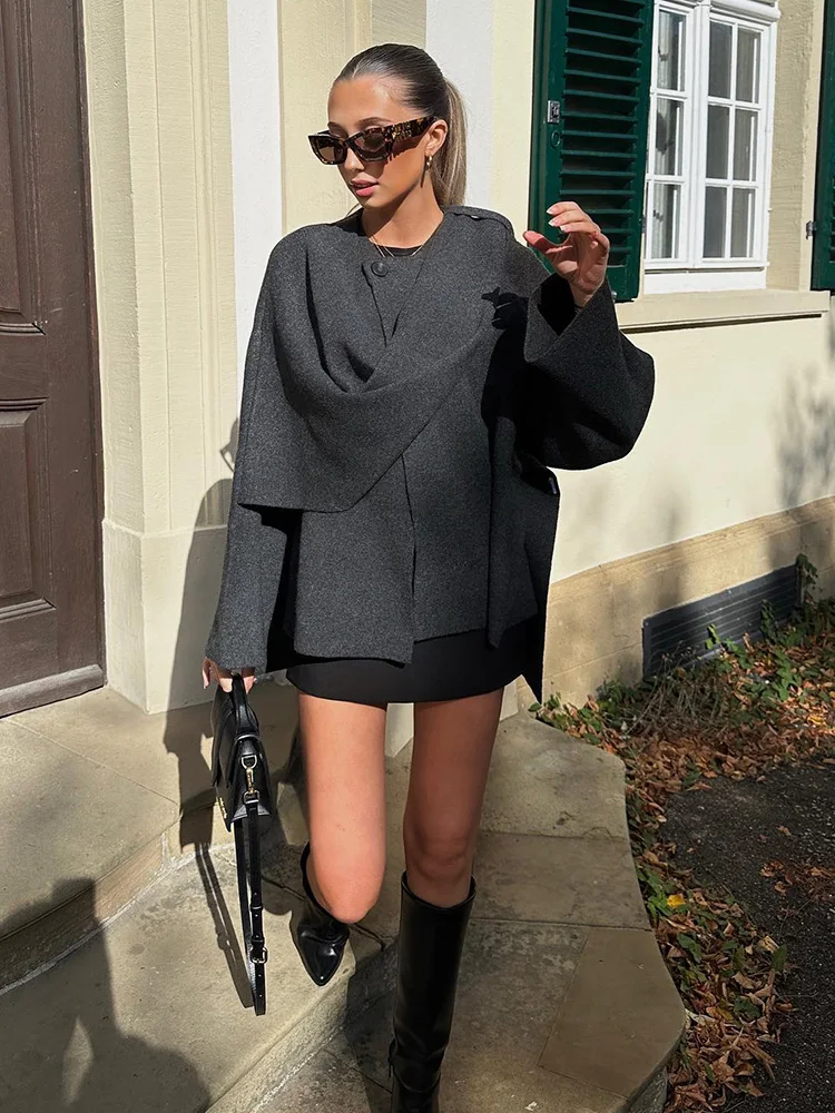 

HH TRAF Women Winter Warm Coat Long Sleeves Shawl Loose Women's Single-button Fashion Casual Woolen Coat With Asymmetric Scarf