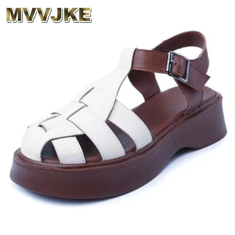 

Sandals Women Summer 2023 New Genuine Leather Baotou Roman Sandals Ladies Retro Hollow Woven Women Gladiator Sandals