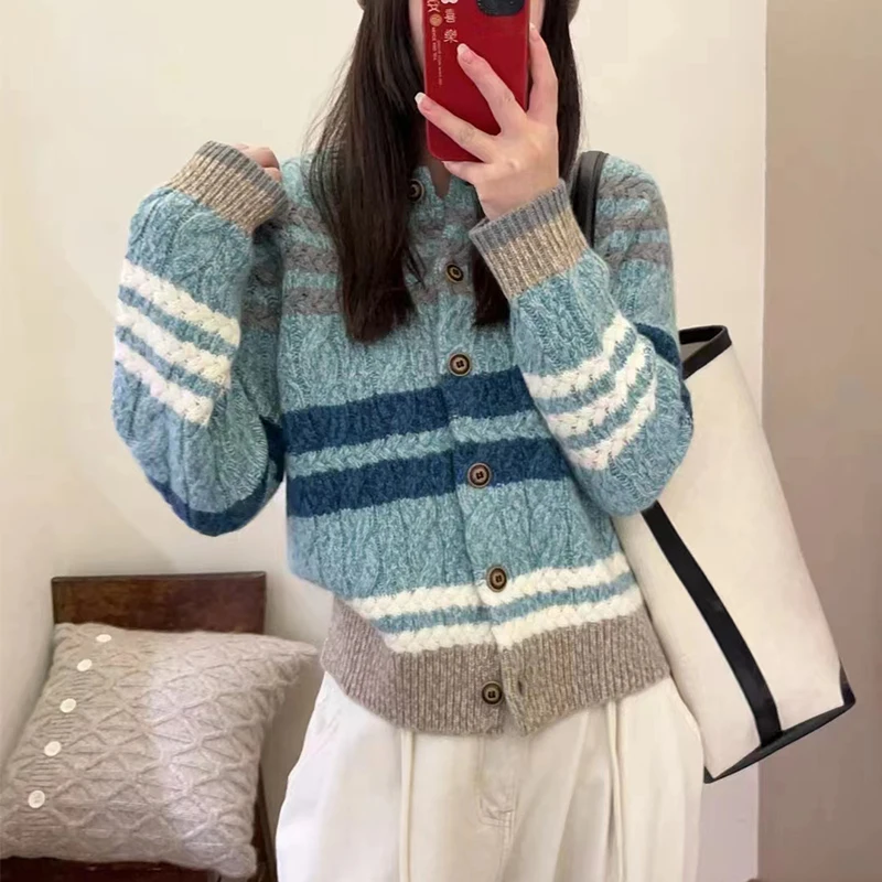 HSY 중공업 두꺼운 라운드 칼라 원사 캐시미어 스웨터, 여성용 캐주얼 스트라이프 100%, 순수 캐시미어 대비 스웨터