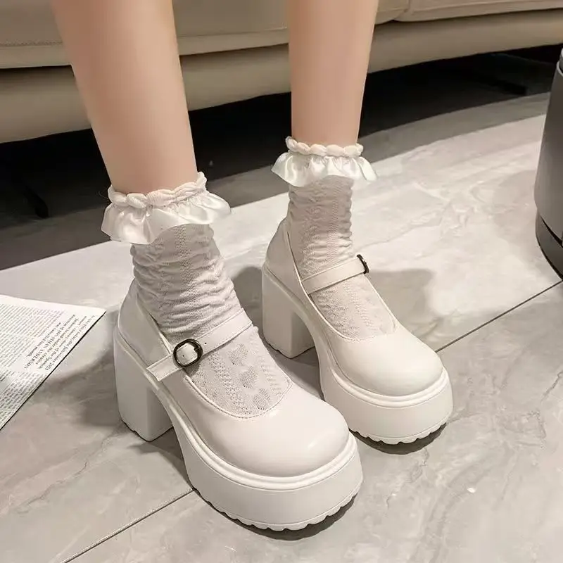 Chunky Platform High Heels Pumps Women  Autumn Pu Leather Ankle Buckle Mary Jane Shoes Woman Thick Heeled White Lolita Shoes
