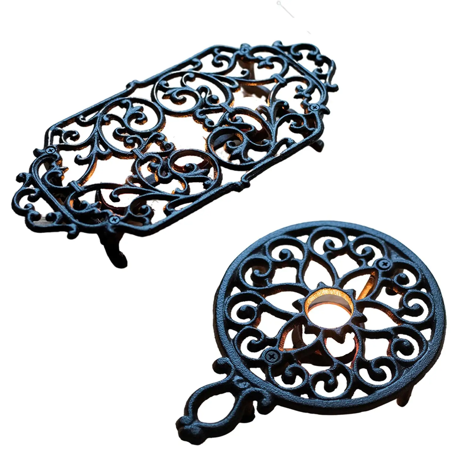 Vintage Cast Iron Tea Lite Food Dish Serving Warmer w/ Handles Round/Square 2